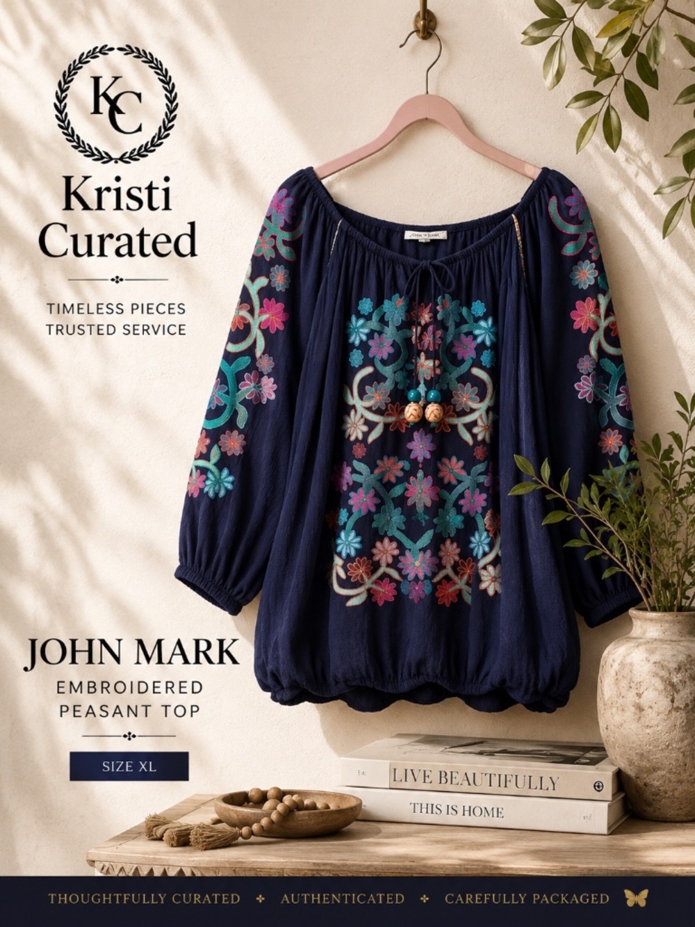 John Mark Embroidered Peasant Top Navy Floral XL